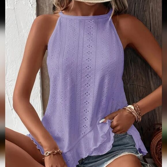 Elegant Lavender Eyelet Embroidered Ruffle Hem Cami Top XL NWT - Picture 2 of 9